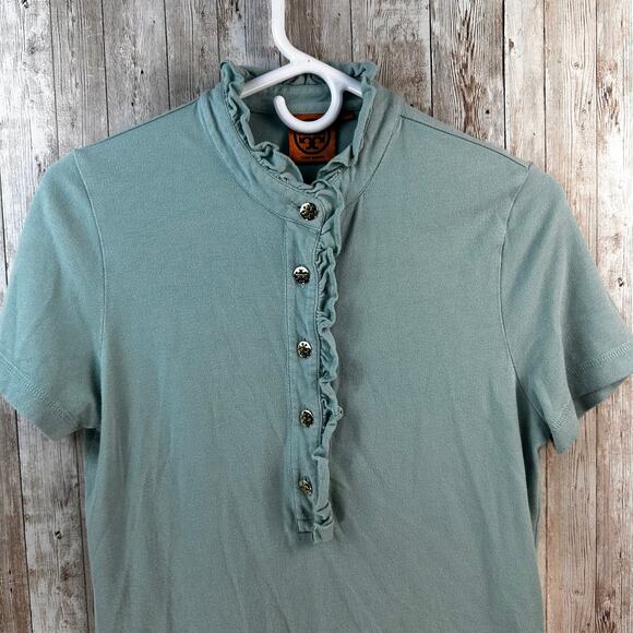 Tory Burch Lidia‎ Polo Shirt Womens M Sage Green 1/4 Button Ruffle Mock Neck - Picture 3 of 7